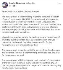 OAU Shut Indefinitely Amid Protest Over Student’s Death MEMO