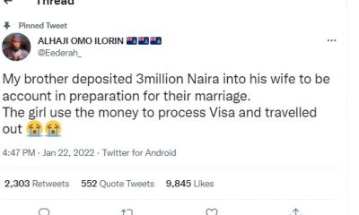 Man allegedly deposits N3m into fiancée's account for their marriage ceremony; she uses it to process her visa and travel out - YabaLeftOnline