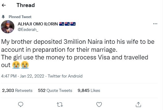 Man allegedly deposits N3m into fiancée's account for their marriage ceremony; she uses it to process her visa and travel out - YabaLeftOnline