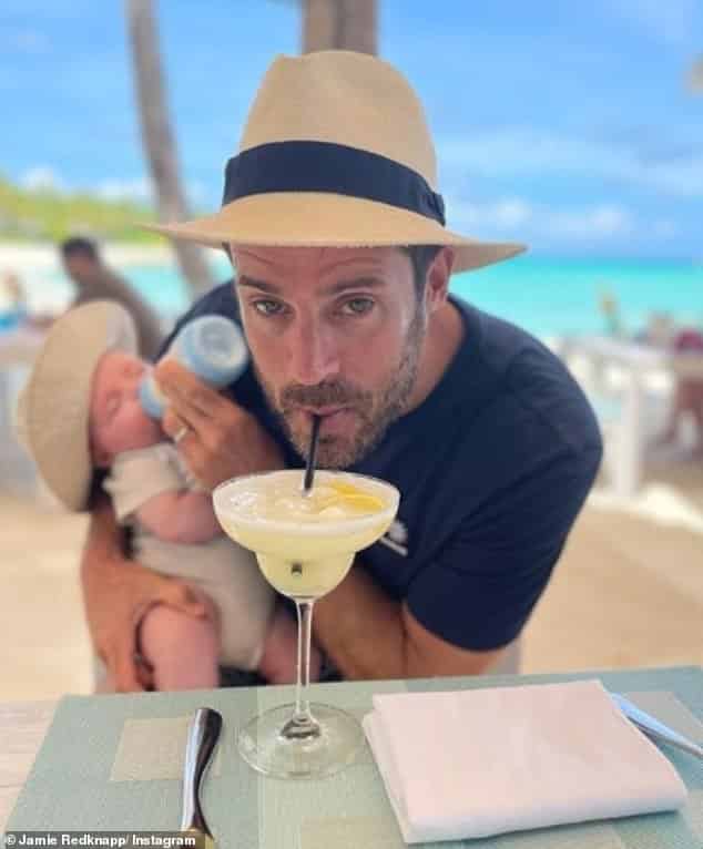 Jamie Redknapp bottle feeds baby Raphael on first holiday to Maldives while sipping on a cocktail