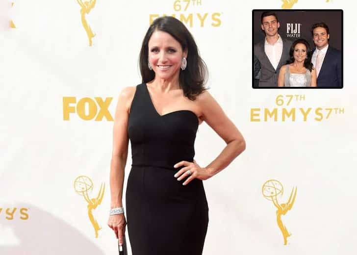 Julia Louis-Dreyfus and her son Charlie Hall pose with Seth Meyers in 2019.