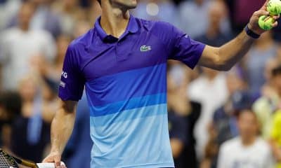 Novak Djokovic celebrates after winning his US Open 2021 first round clash